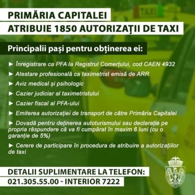 Primăria Municipiului București demarează procesul de atribuire a 1850 autorizații de taxi.